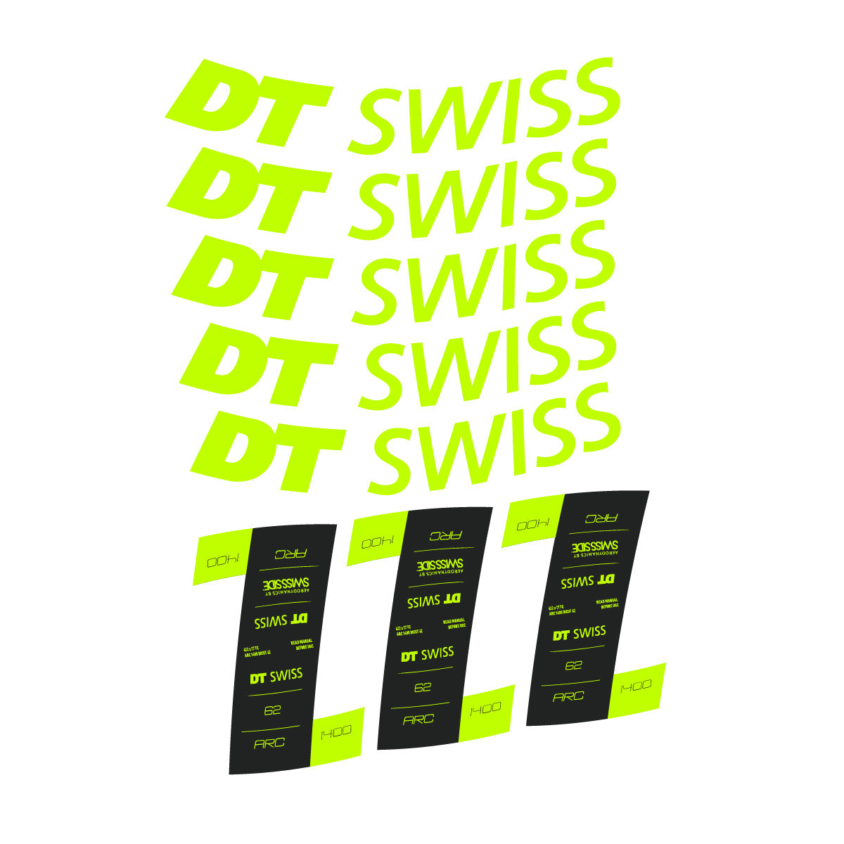Adesivi Cerchi Bici DT Swiss ARC 1400 62mm 2020-2026 in vinile - Verde Lime Fluo