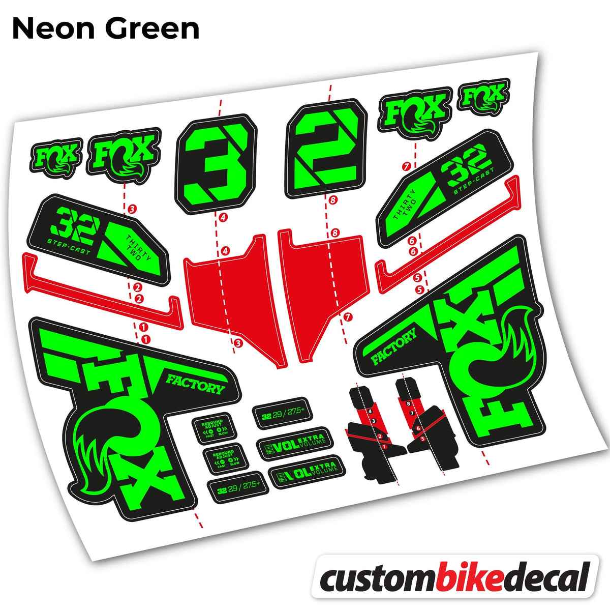 Adesivi Forcella FOX 32 Step Cast Factory Mk2 2021, 2022 e 2023 in vinile - Verde Neon