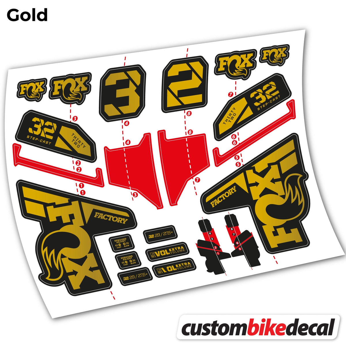 Adesivi Forcella FOX 32 Step Cast Factory Mk2 2021, 2022 e 2023 in vinile - Oro