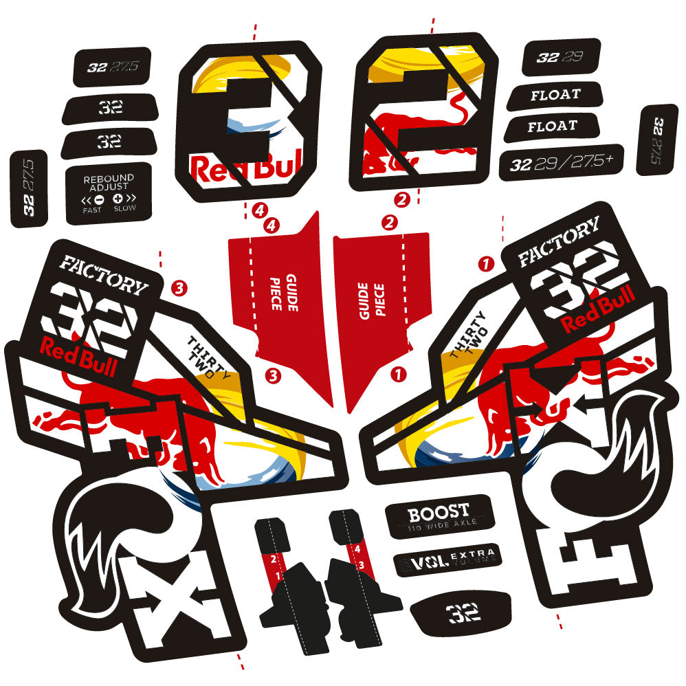 Adesivi Forcella Fox 32 Factory SC 2021, 2022 e 2023 Red Bull Edition in vinile - Rosso