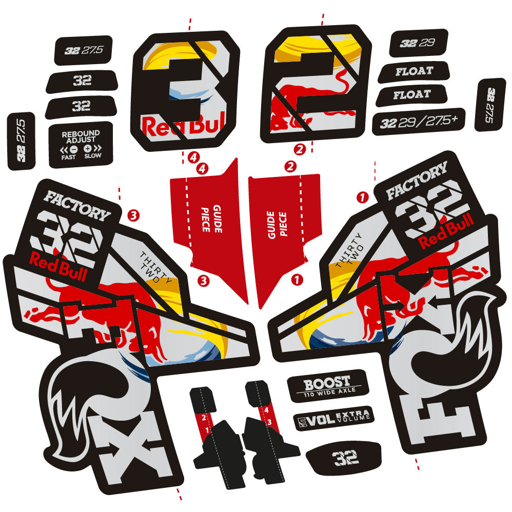 Adesivi Forcella Fox 32 Factory SC 2021, 2022 e 2023 Red Bull Edition in vinile - Rosso