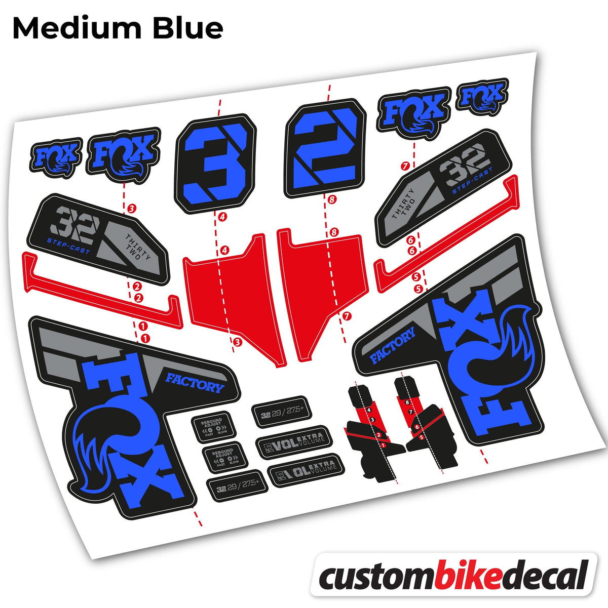 Adesivi Forcella FOX 32 Step Cast Factory Mk2 2021, 2022 e 2023 in vinile - Blu Medio