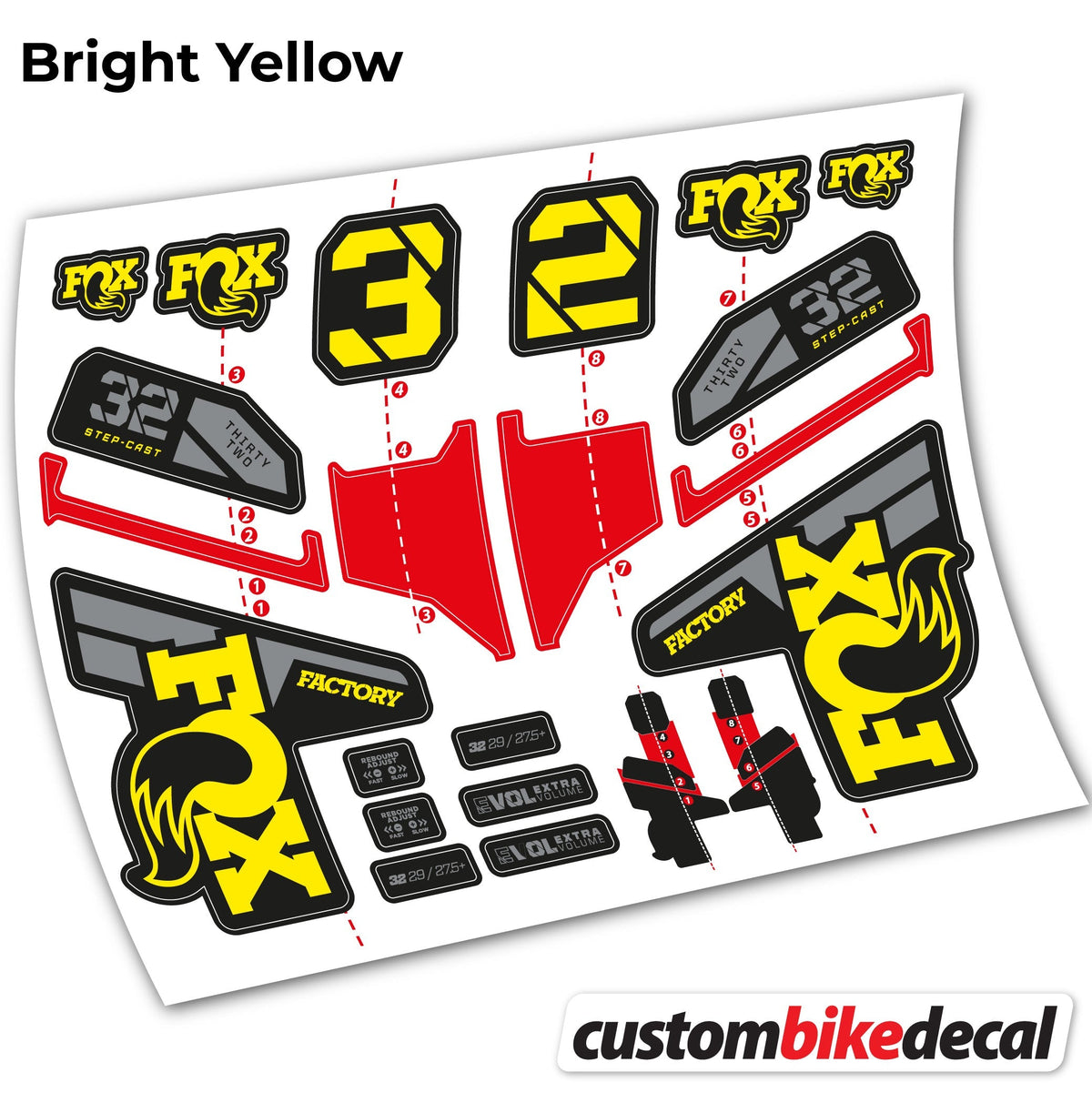 Adesivi Forcella FOX 32 Step Cast Factory Mk2 2021, 2022 e 2023 in vinile - Giallo