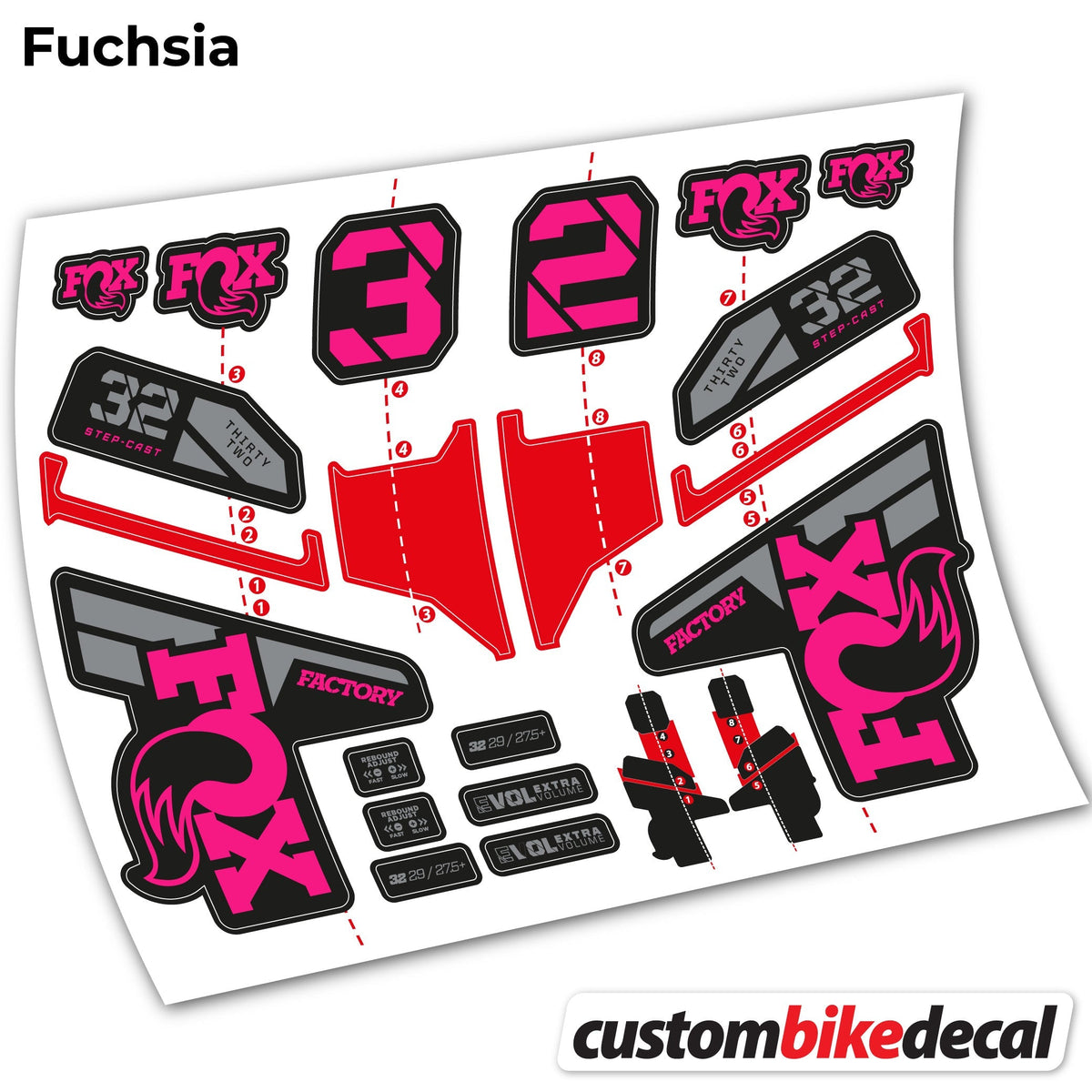 Adesivi Forcella FOX 32 Step Cast Factory Mk2 2021, 2022 e 2023 in vinile - Fucsia