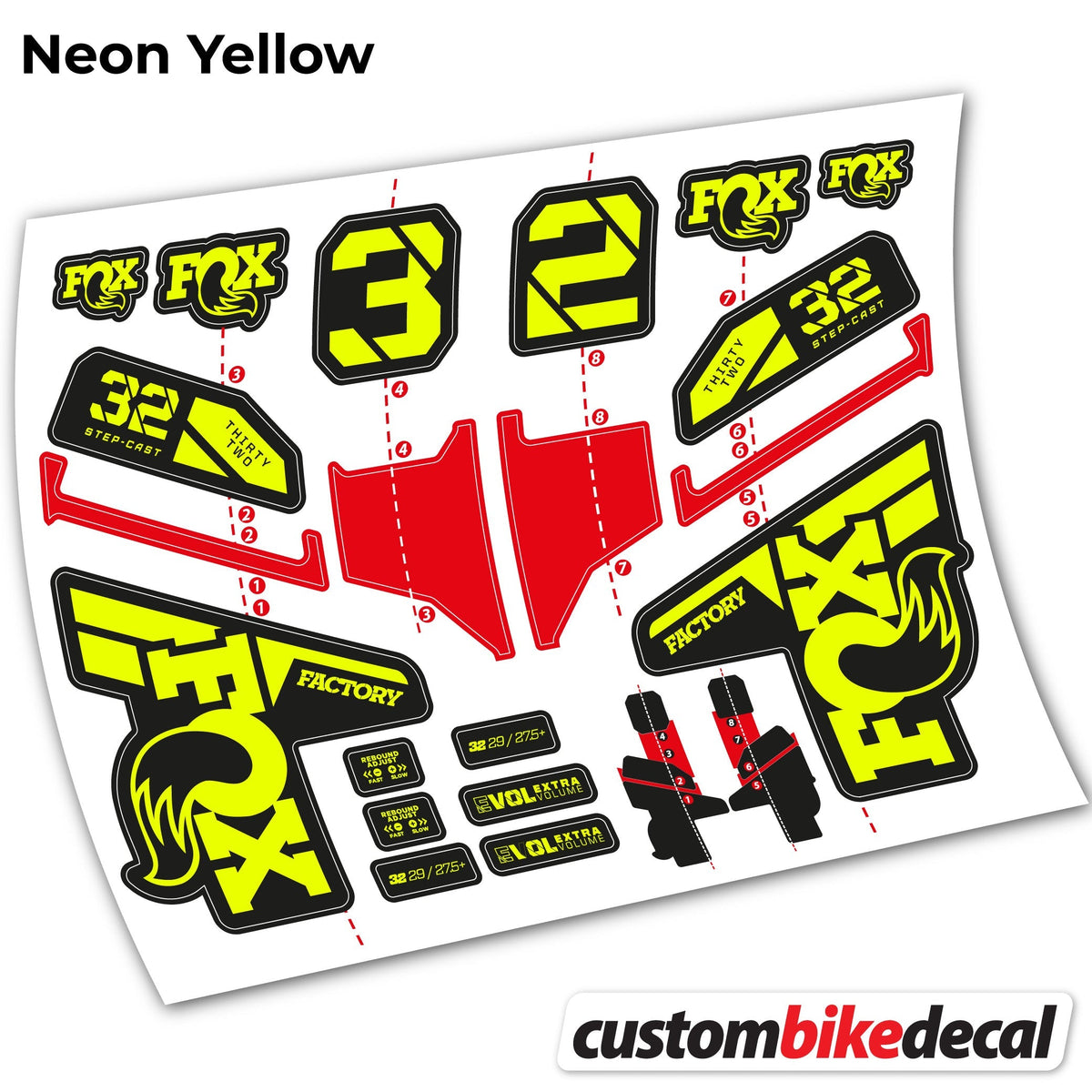 Adesivi Forcella FOX 32 Step Cast Factory Mk2 2021, 2022 e 2023 in vinile - Giallo Neon