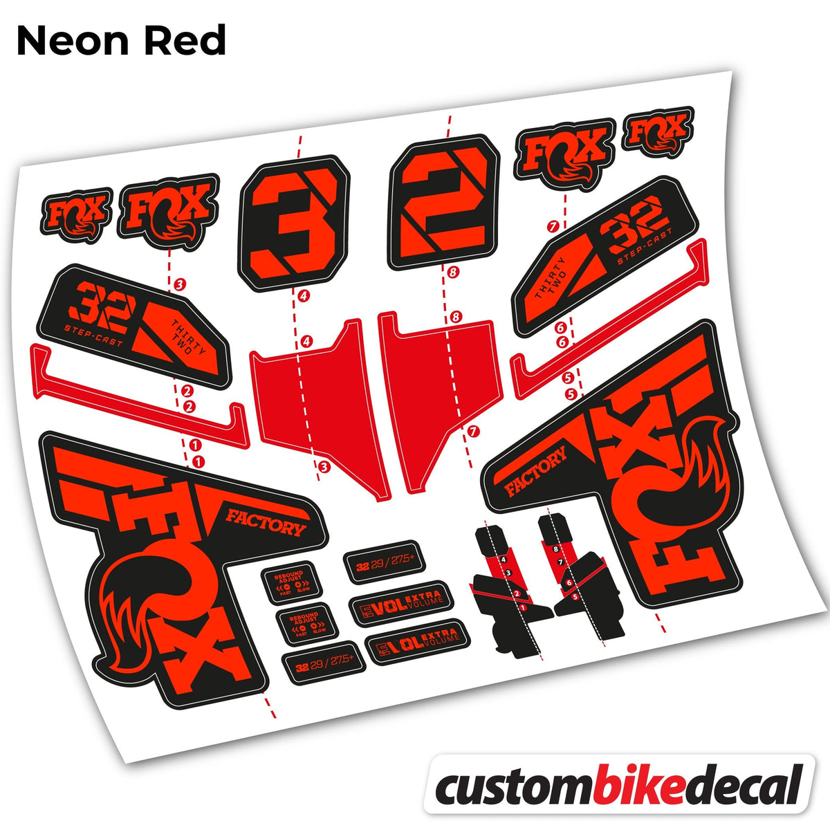 Adesivi Forcella FOX 32 Step Cast Factory Mk2 2021, 2022 e 2023 in vinile - Rosso Neon