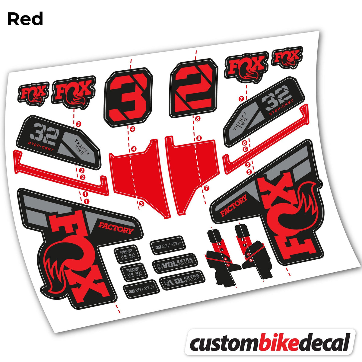 Adesivi Forcella FOX 32 Step Cast Factory Mk2 2021, 2022 e 2023 in vinile - Rosso