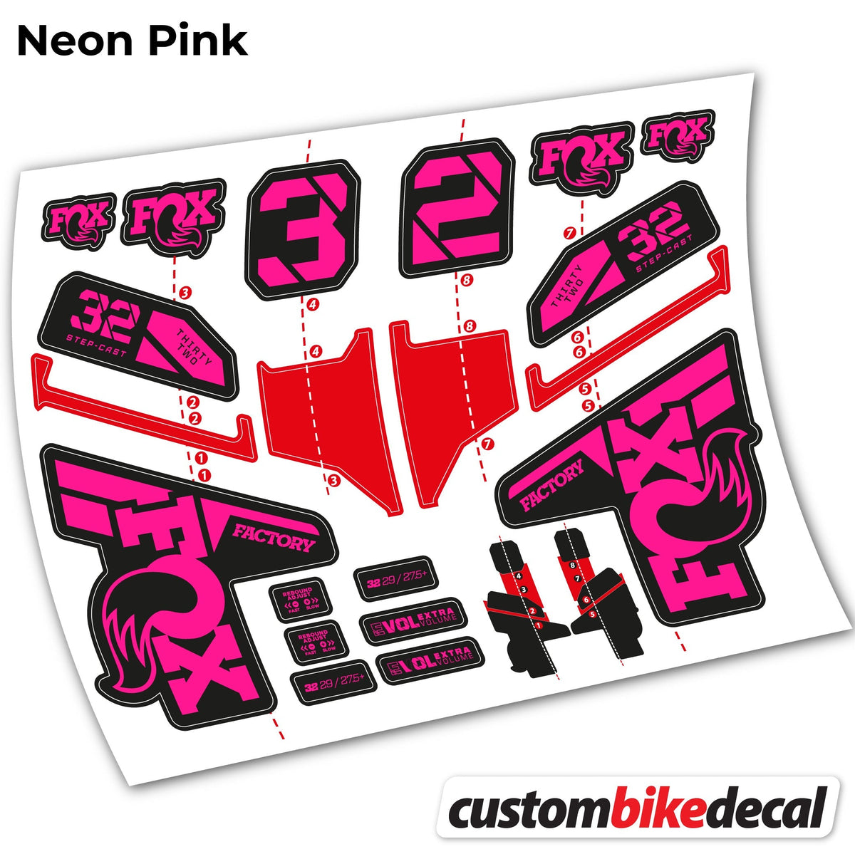 Adesivi Forcella FOX 32 Step Cast Factory Mk2 2021, 2022 e 2023 in vinile - Rosa Neon