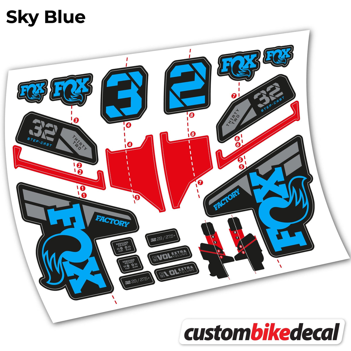 Adesivi Forcella FOX 32 Step Cast Factory Mk2 2021, 2022 e 2023 in vinile - Azzurro Cielo