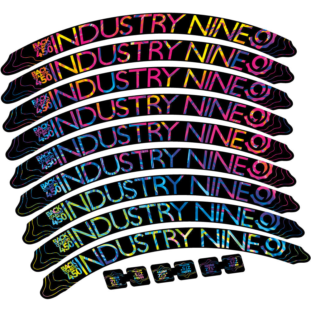 Adesivi Cerchi MTB Industry Nine Back Country 450 in vinile - Arcobaleno Psichedelico