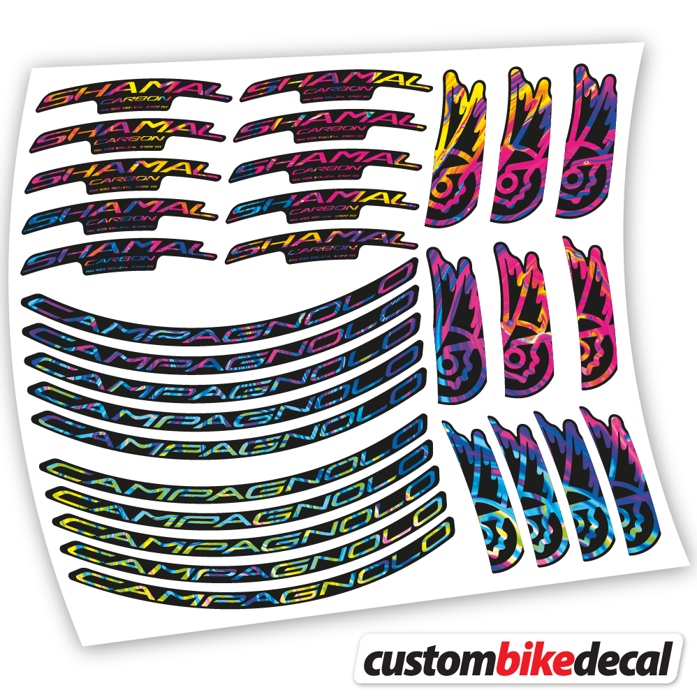 Adesivi Cerchi Bici da Corsa Campagnolo Shamal C21 Carbon 35+40mm in vinile - Arcobaleno Psichedelico